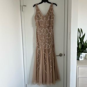 Adrianna Papell Embellished Cowl Back Champagne Gown size 6